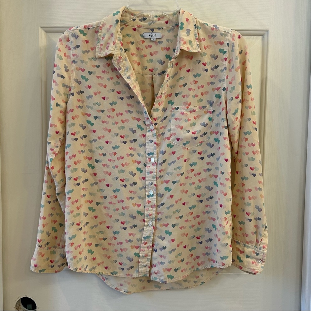 Rails Kate Heart Print Silk Button Down Blouse in Watercolor Small